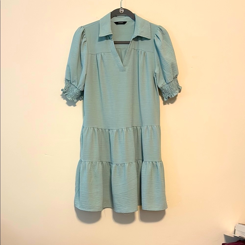 Green Puff Sleeve Mini Sundress with Notched Collar